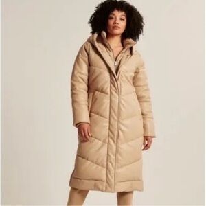 Abercrombie Full Length Tan Quilted Vegan Leather Jacket